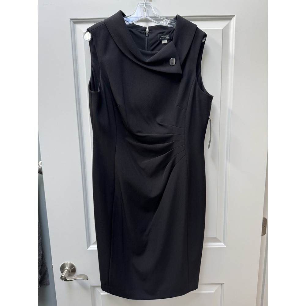 NWT Tahari Arthur S Levine Black Sleeveless Sheath Dress Size 16 Asymmetric Neck